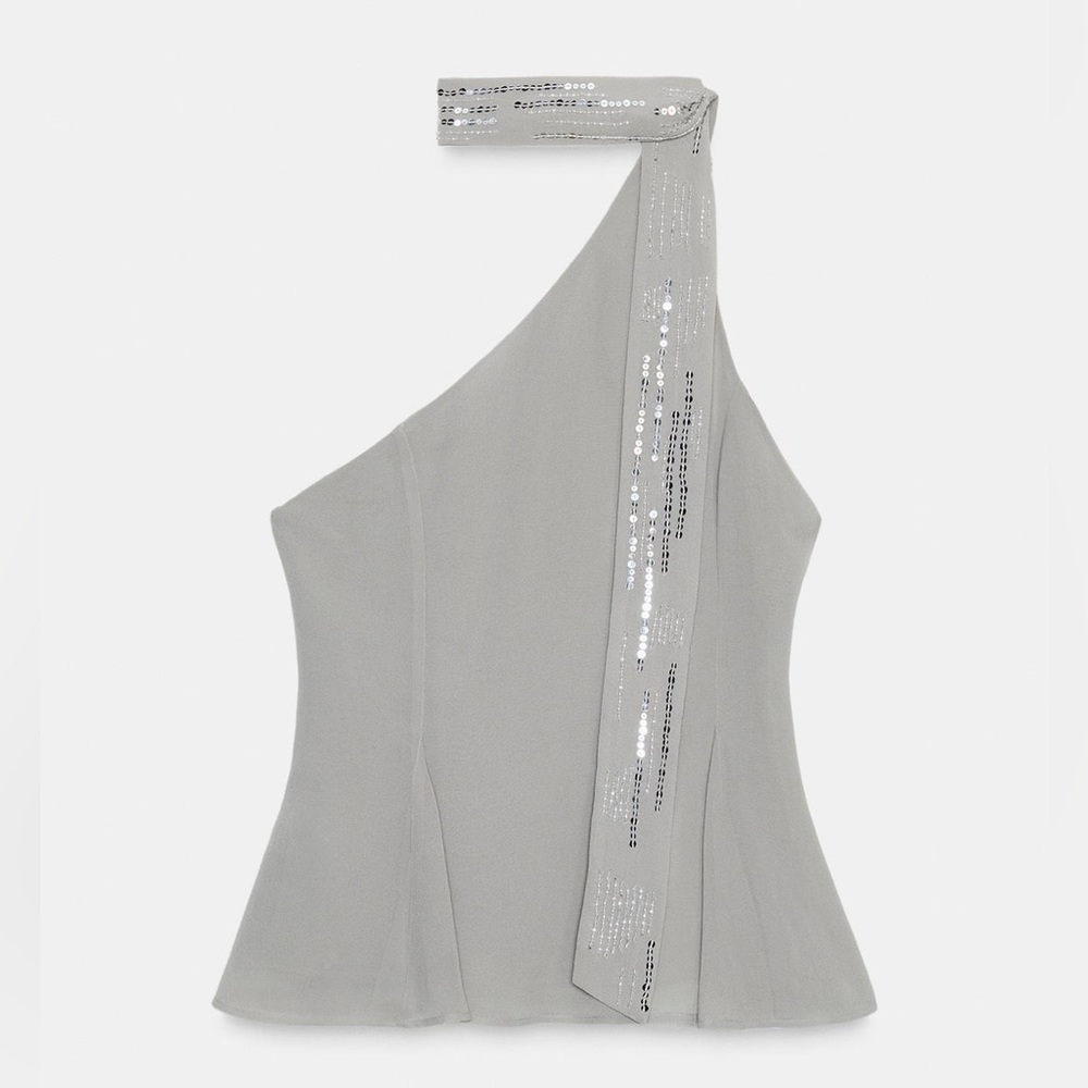 BNWT ZARA ASYMMETRIC BEADED SEQUIN GEORGETTE SCARF TIE NECK TOP